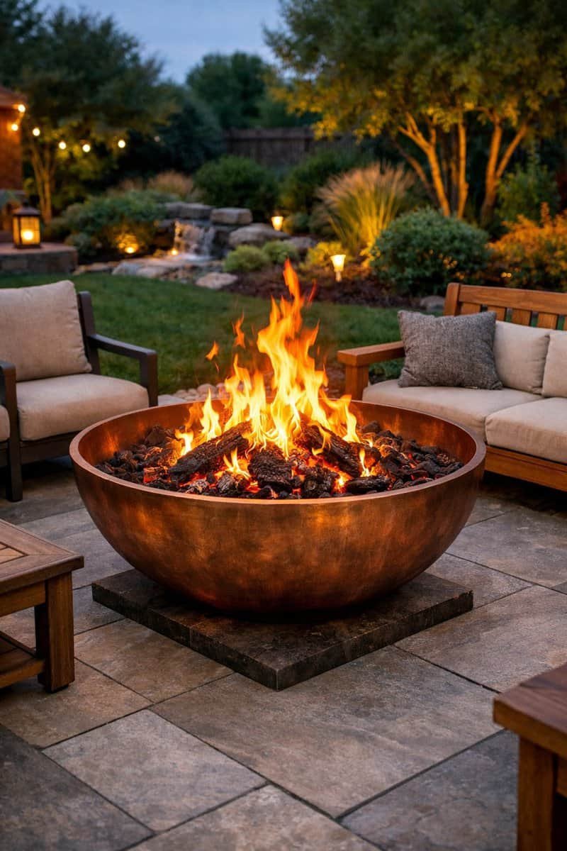 A backyard with a copper fire bowl burning brightly on a stone patio surrounded by outdoor seating and garden plants.