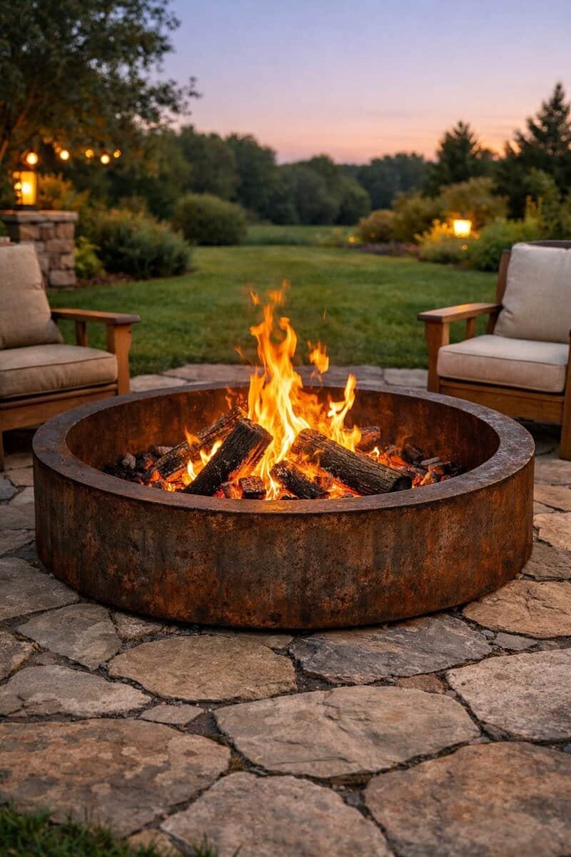 A backyard with a rustic steel fire ring burning brightly on a stone patio, surrounded by outdoor seating and greenery.