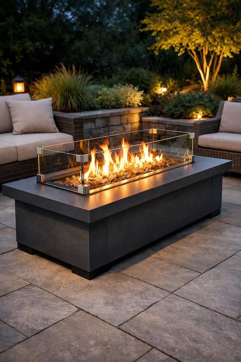 A modern fire pit table with a glass wind guard on a backyard patio surrounded by outdoor furniture and greenery.