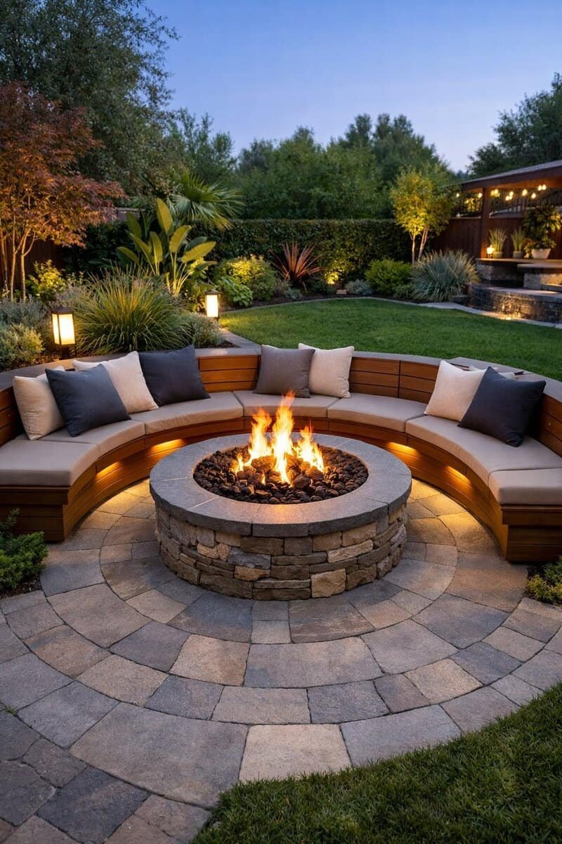 A backyard with a lit fire pit surrounded by built-in wooden benches and greenery.