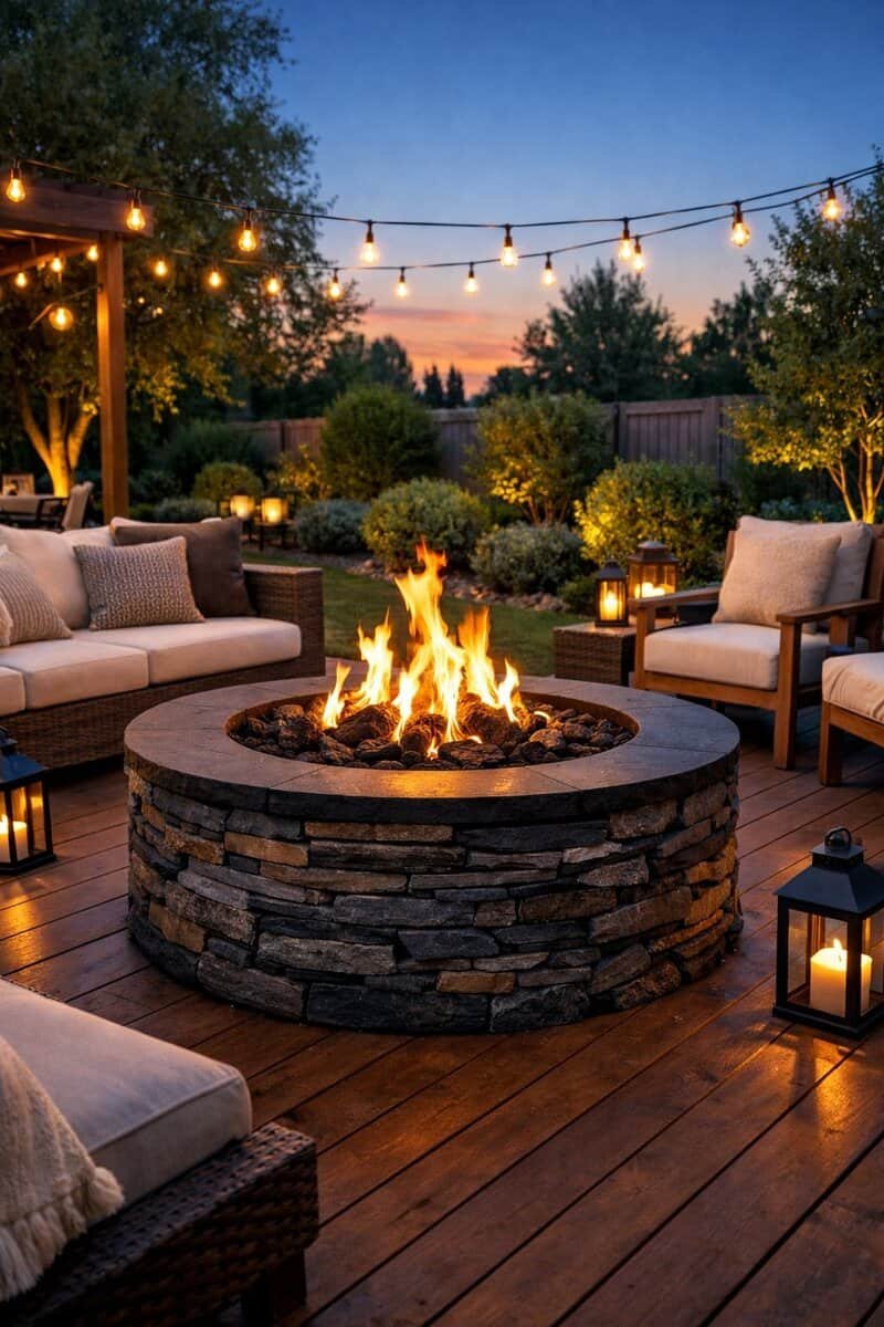 A backyard with a stacked slate fire pit surrounded by outdoor seating and greenery under a clear evening sky.