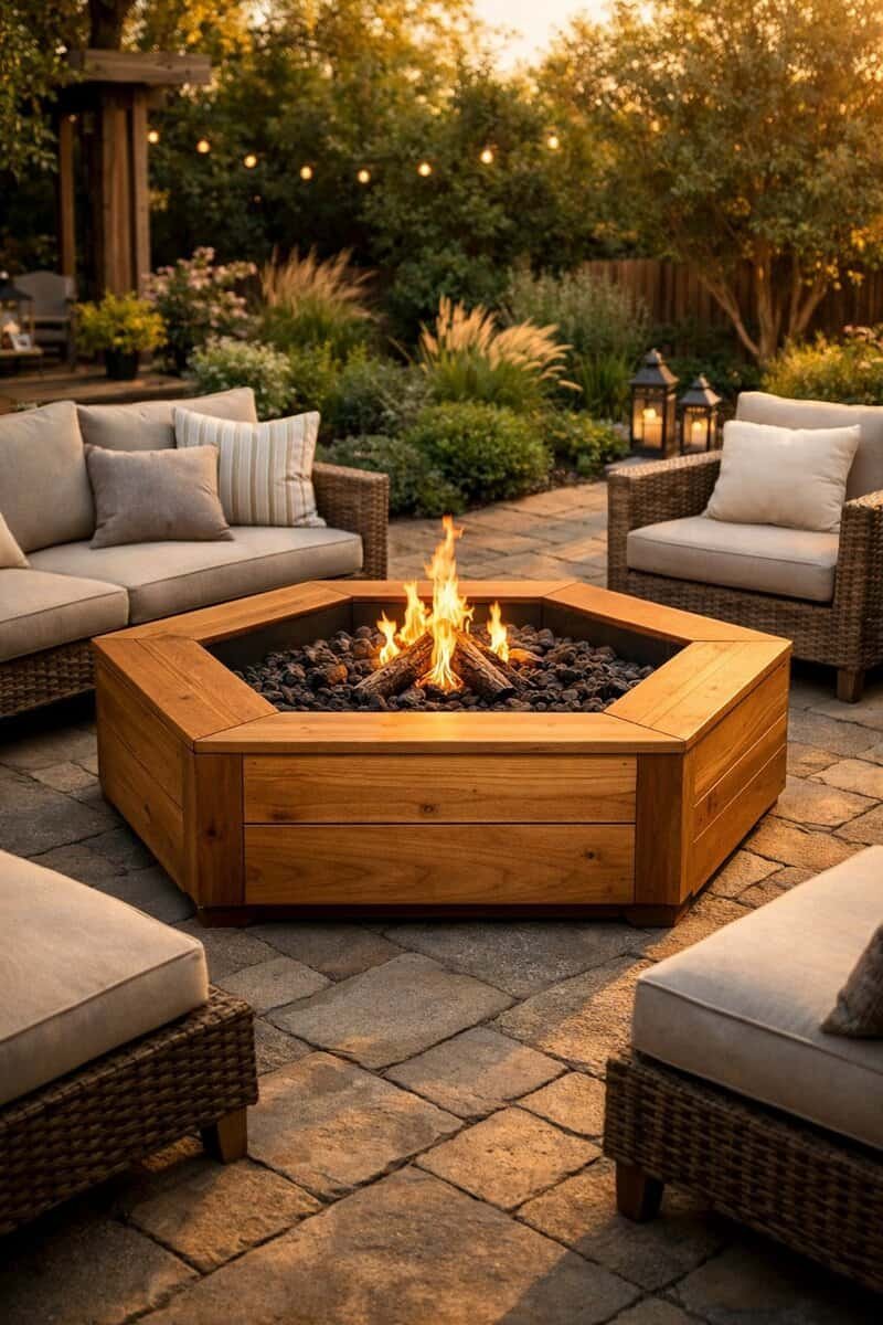 A backyard with a hexagonal wooden fire pit surrounded by outdoor seating and greenery.