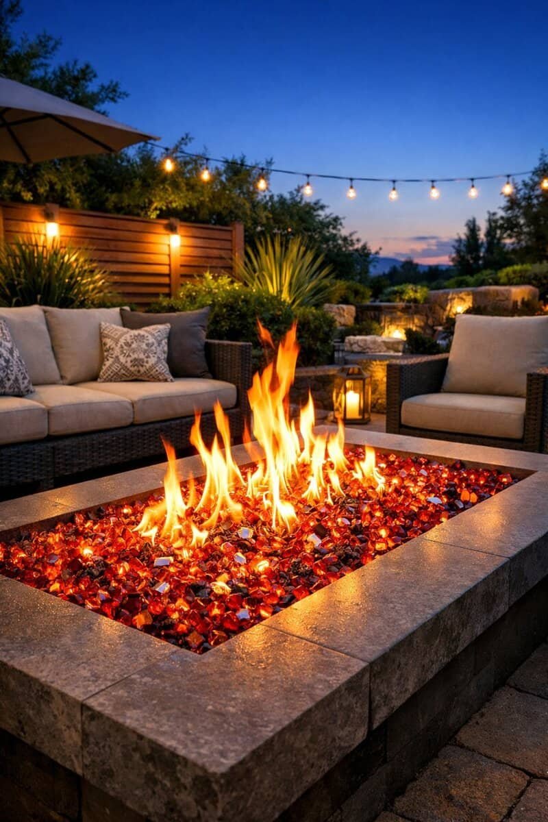 A backyard with a fire pit filled with glowing fire glass crystals surrounded by outdoor seating and plants at twilight.