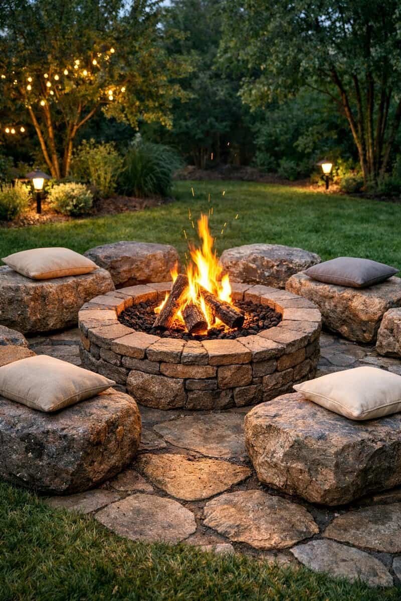 A backyard fire pit surrounded by natural boulder seating with a fire burning in the center.
