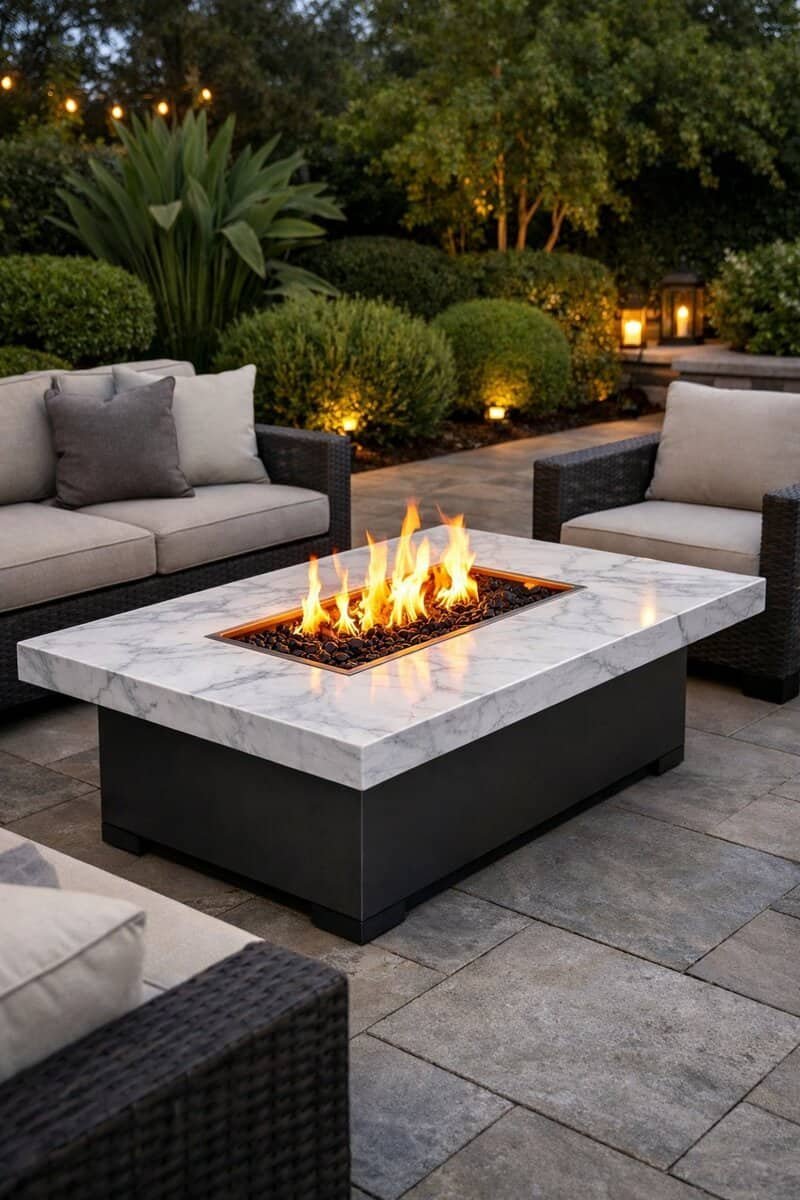 A backyard patio with a fire pit table topped with white marble surrounded by outdoor seating and greenery.