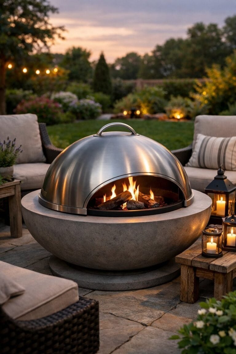 Backyard with a modern fire pit covered by a dome, surrounded by outdoor seating and plants during sunset.