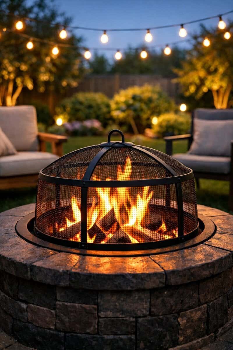 A backyard fire pit with a wire mesh spark guard surrounded by outdoor seating and greenery.