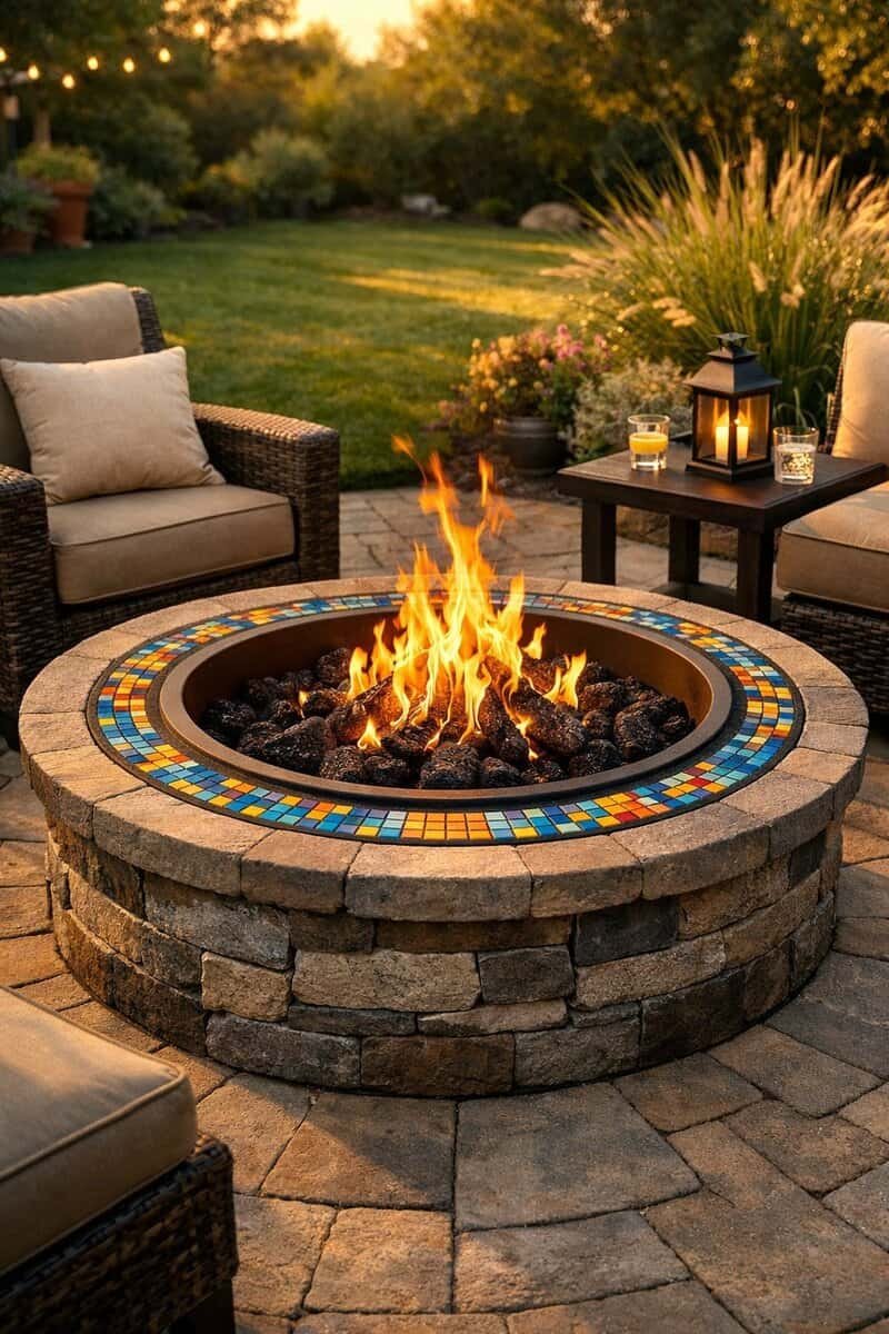 A backyard fire pit with a colorful mosaic tile border surrounded by outdoor seating and greenery.