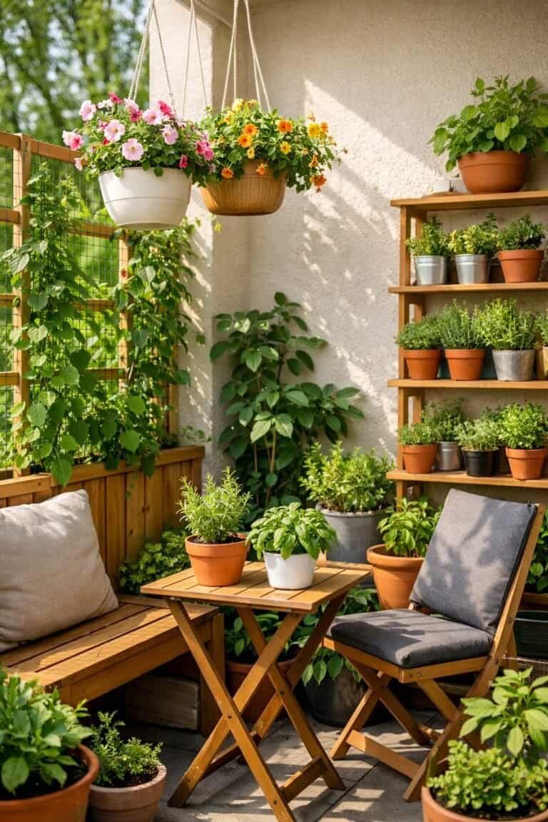 A small balcony garden with potted plants, hanging planters, climbing vines, and a wooden bench in a narrow outdoor space.