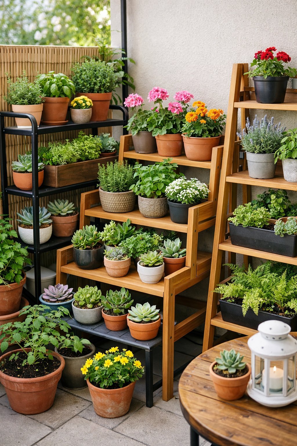 A small garden on a balcony with tiered plant stands holding various potted plants arranged in layers.