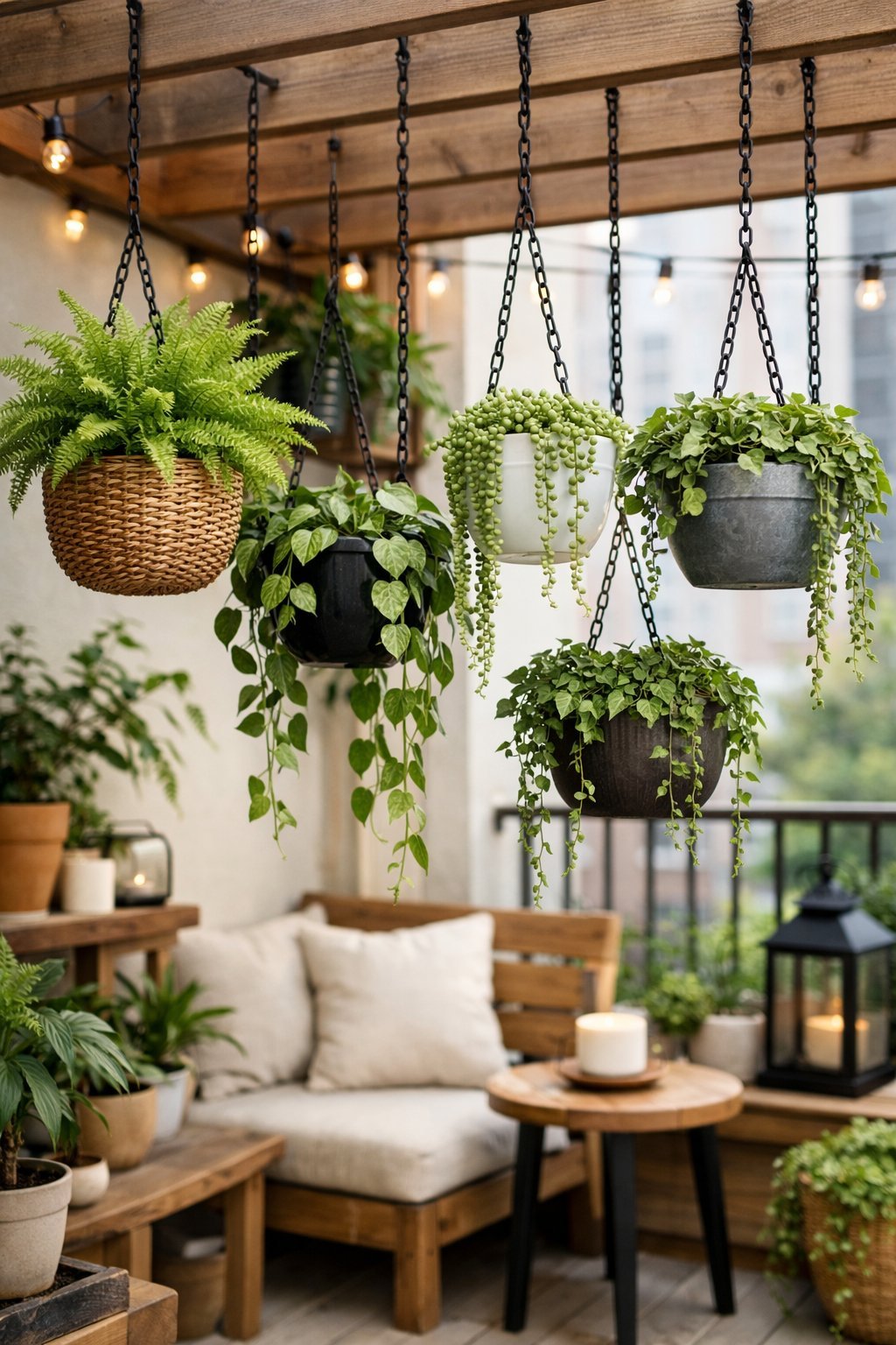A small balcony with several hanging planters filled with green plants suspended from above, creating a vertical garden.