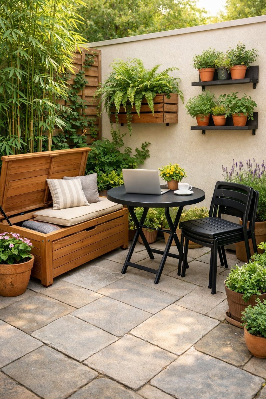 A small garden with multi-functional furniture including a foldable bench with storage, a round table, stackable chairs, and vertical planters surrounded by green plants.