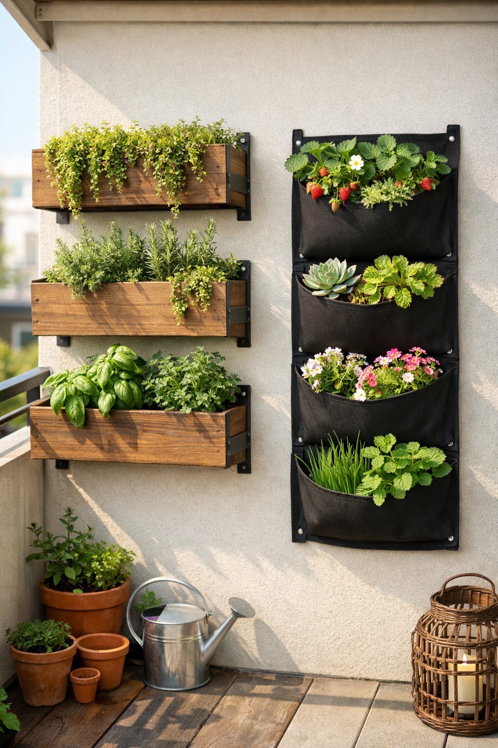A small outdoor space with wall-mounted planters filled with green plants and flowers arranged vertically on a light-colored wall.