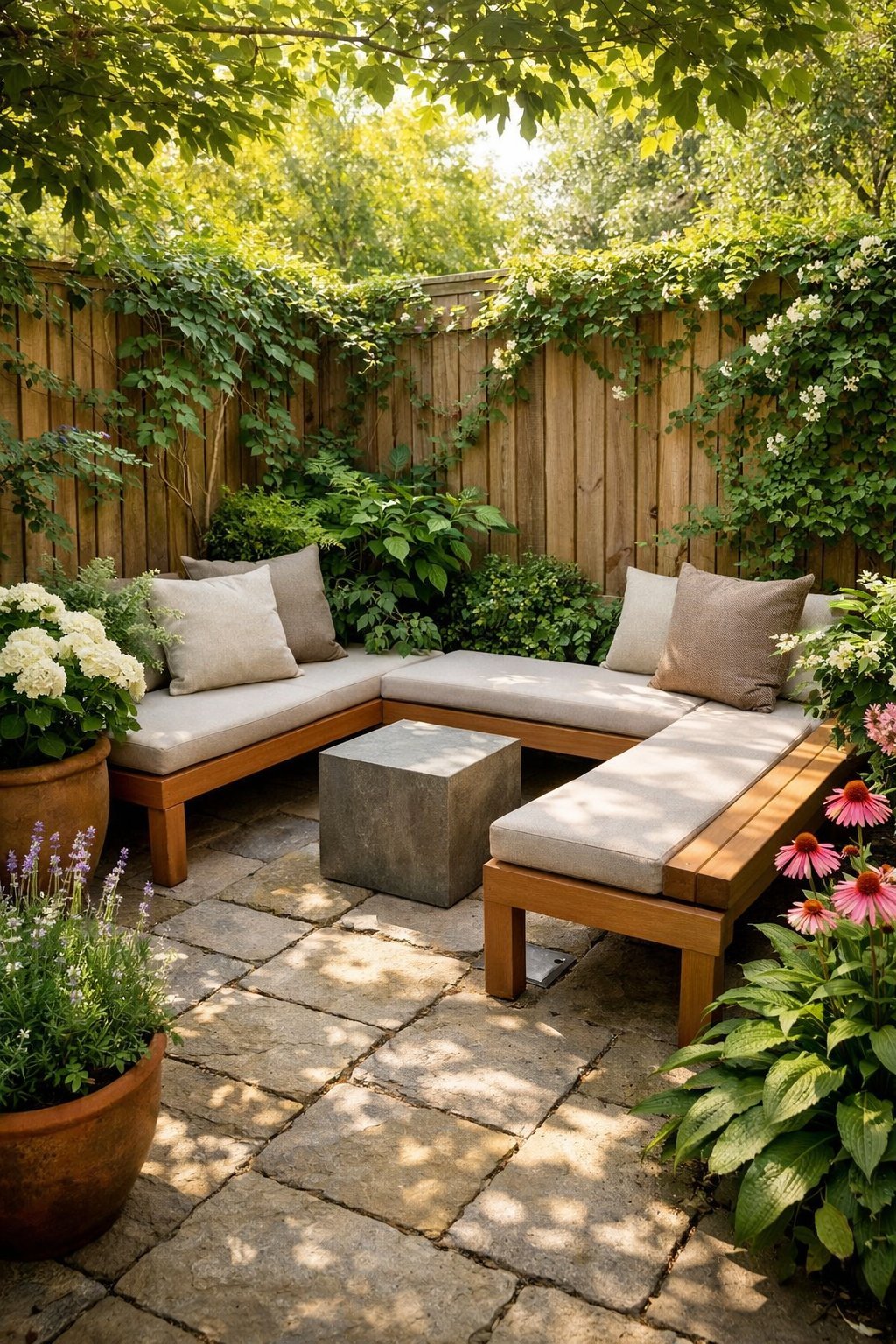 Small garden with slim wooden benches surrounded by green plants and flowers creating a cozy seating area.