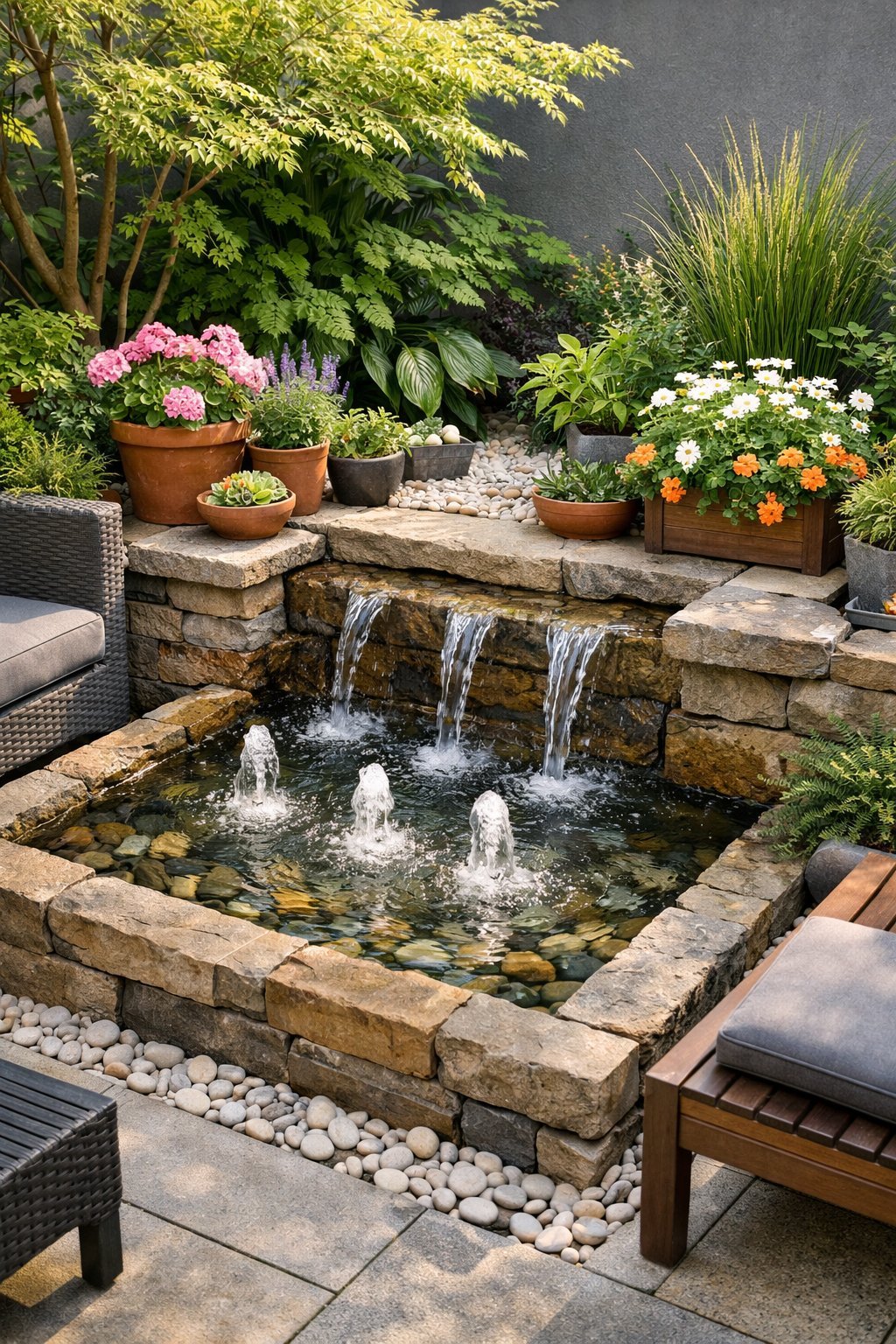 A small garden with a stone water fountain surrounded by plants and flowers in a compact outdoor space.