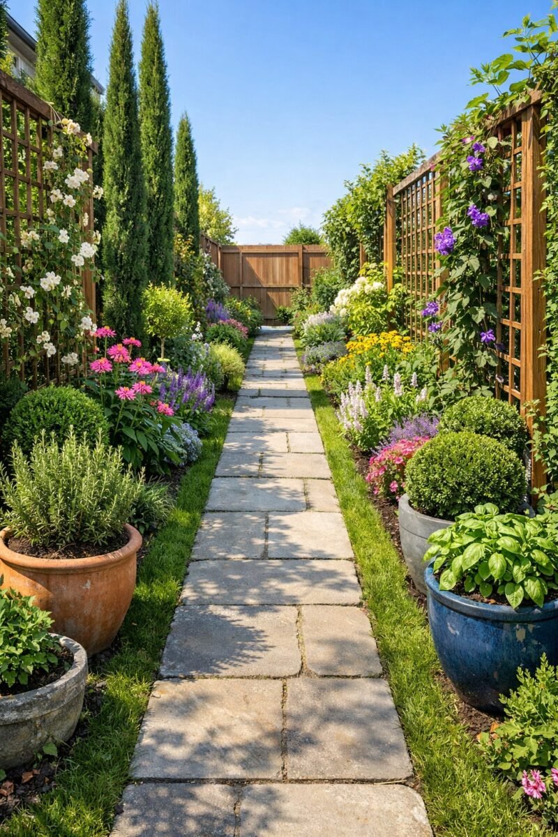 A narrow garden with a stone pathway, green grass, flowering plants, and tall trees along a fence under a clear sky.
