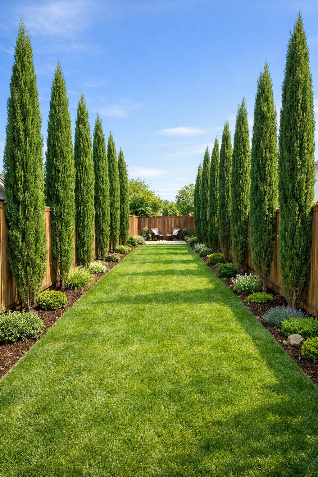 A narrow backyard with tall, thin trees planted along a wooden fence for privacy.