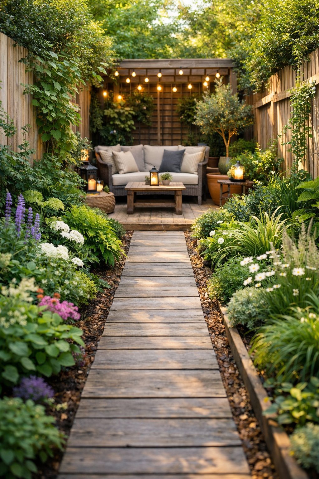 A narrow garden with a cozy seating area at the far end surrounded by plants and a pathway leading to it.