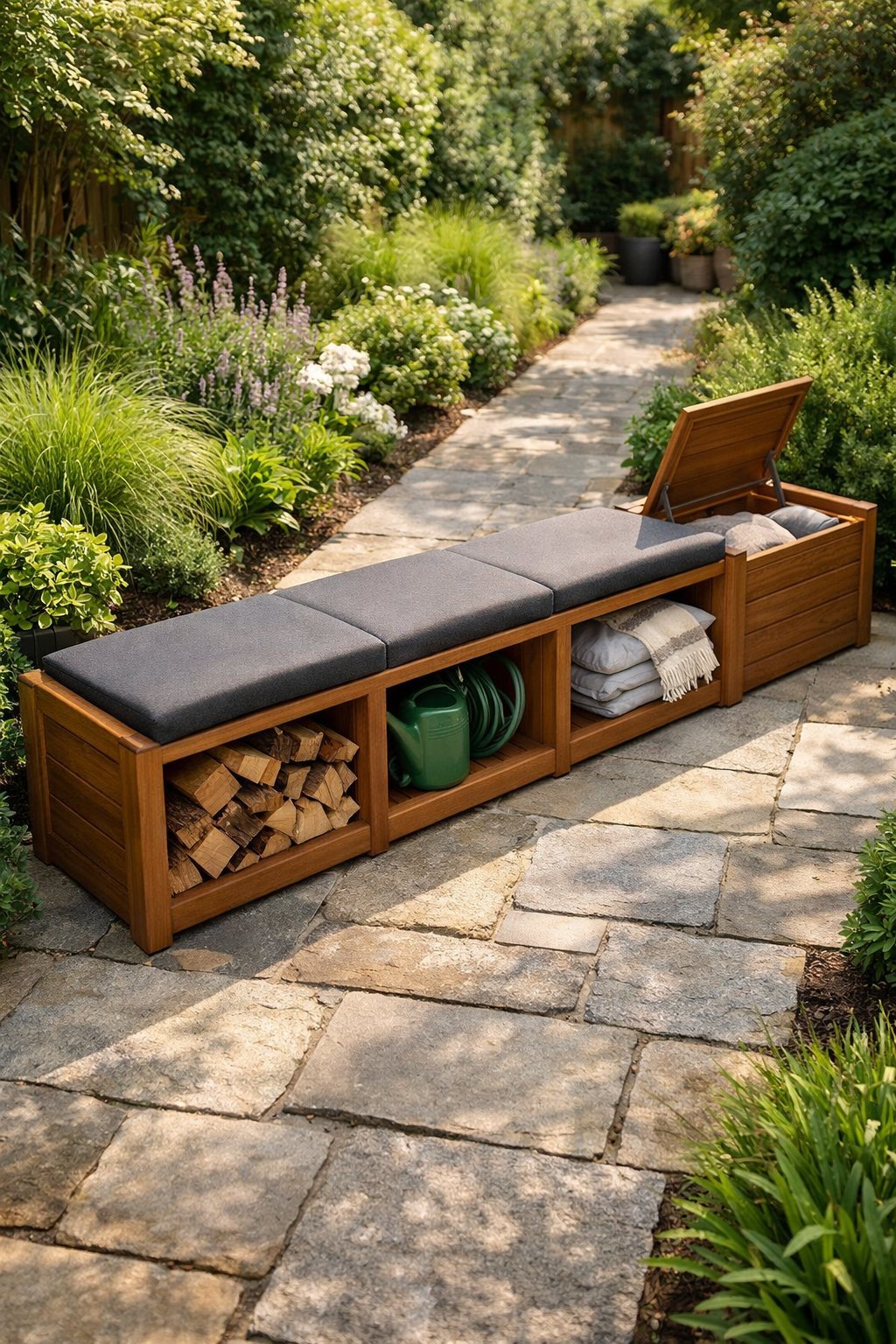A narrow garden with a wooden bench that has built-in storage, surrounded by grass and plants along a stone path.