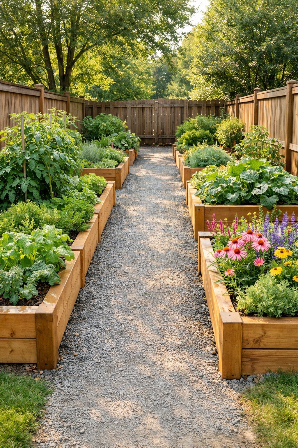 A narrow garden with raised wooden beds along the edges filled with plants and flowers, and a clear pathway down the center.