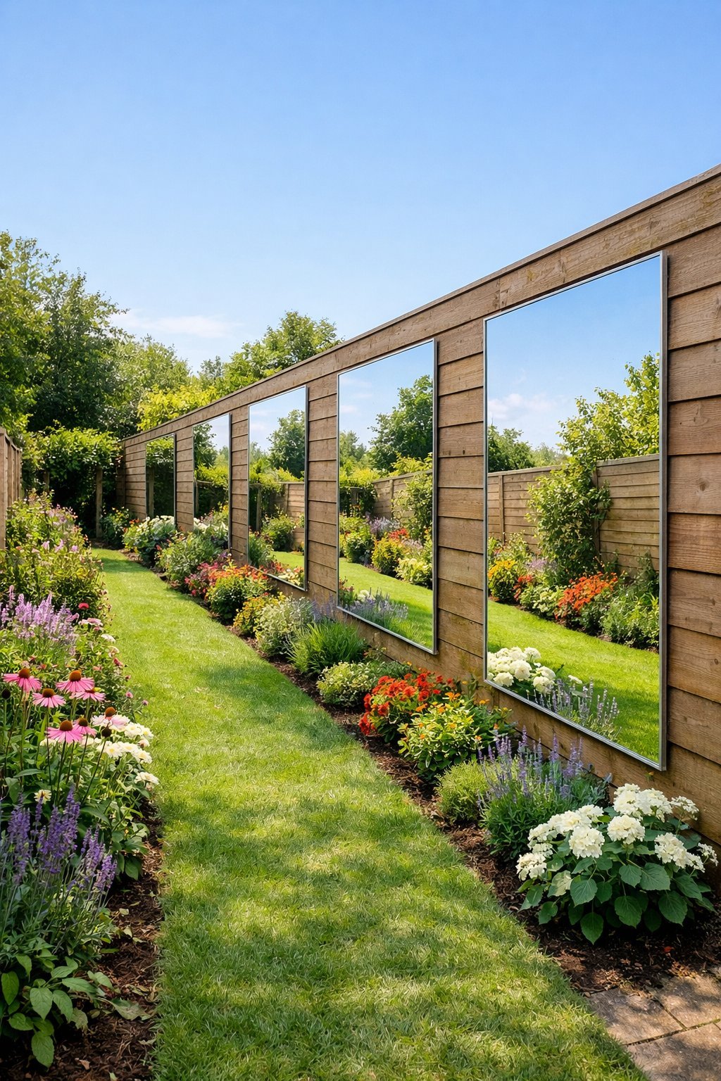 A narrow garden with mirrors mounted on a wooden fence reflecting plants and sky, creating an illusion of more space.